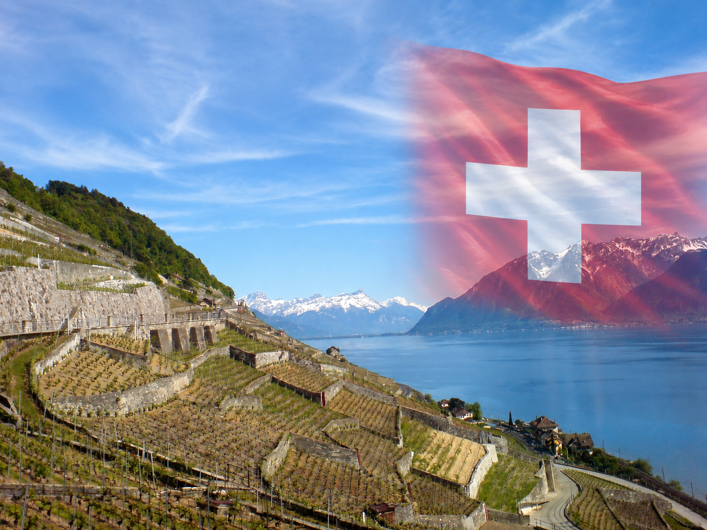 Paysage du Léman et des Alpes avec un drapeau suisse en surimpression